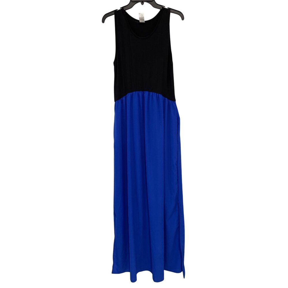 Sol RHR Sleeveless Colorblock Maxi Dress Womens Large Slit Black Blue Party Chic